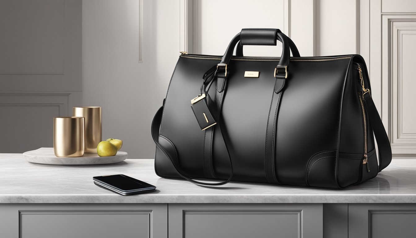 A sleek, black leather London bag sits on a marble countertop, exuding a sense of functional elegance with its clean lines and minimalistic design