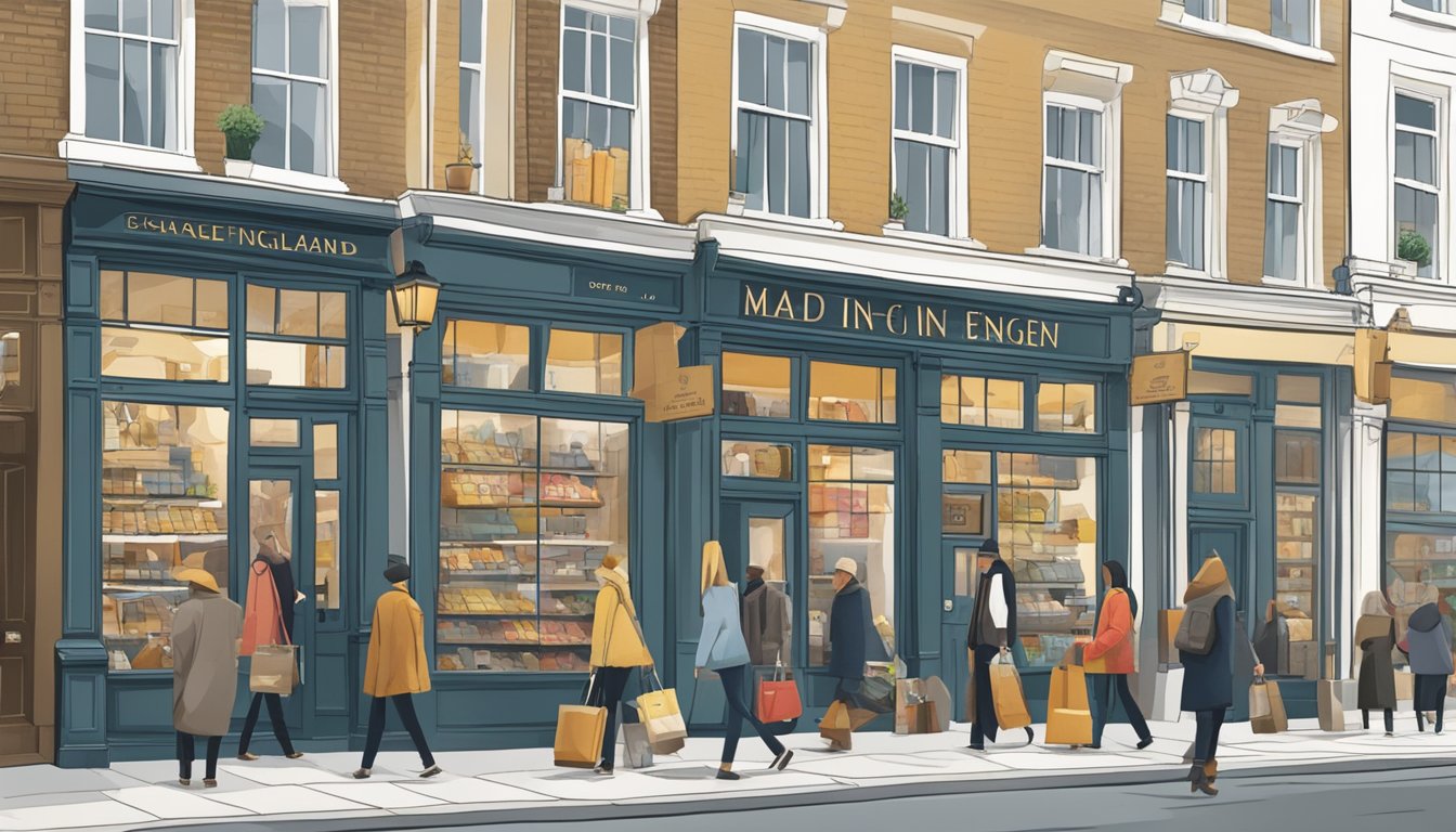 A bustling London street with shops displaying "Made in England" bags in their windows, showcasing local craftsmanship and design