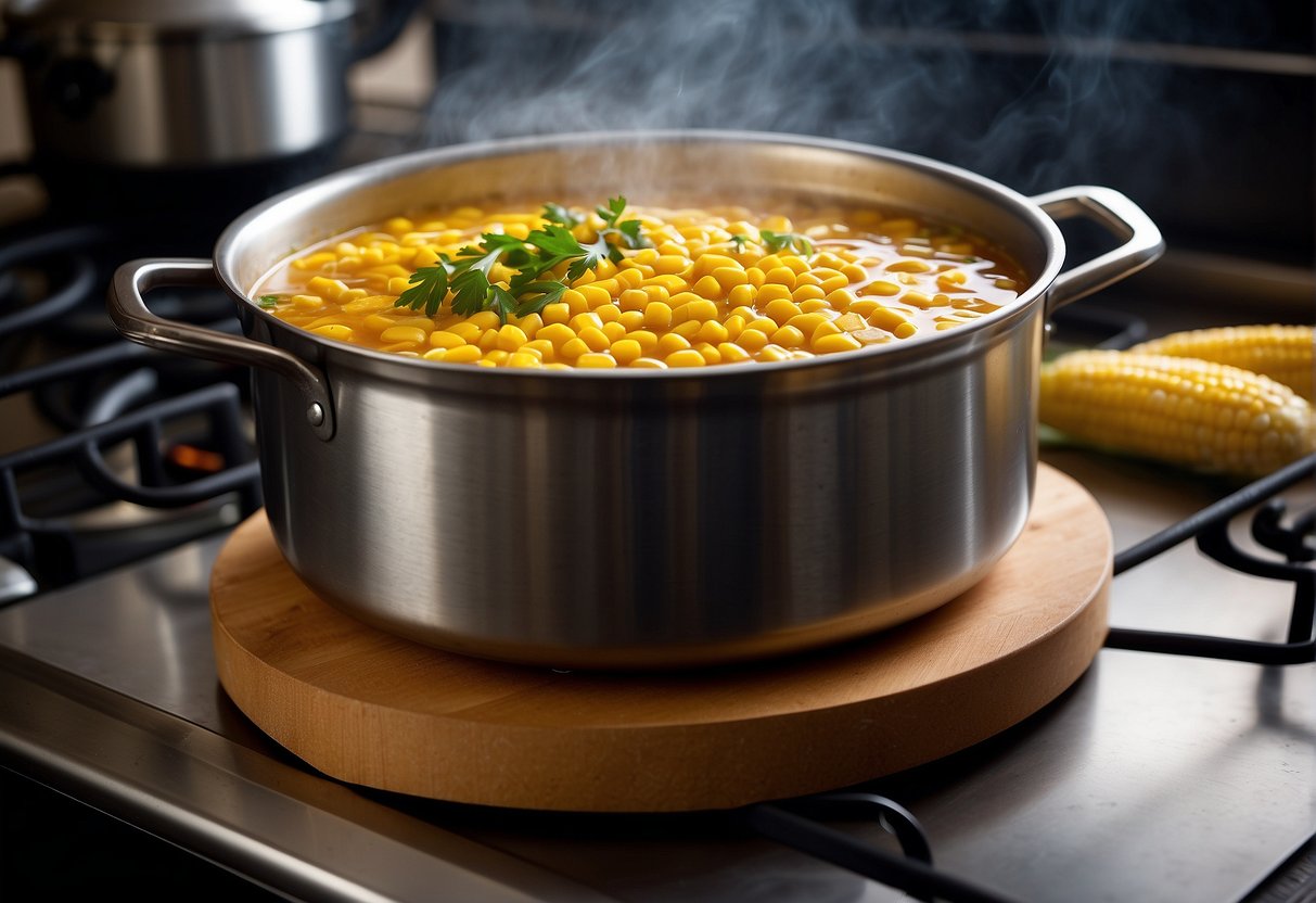 A pot simmers on a stove with sweetcorn, broth, and seasonings. Steam rises as the soup thickens, ready to serve