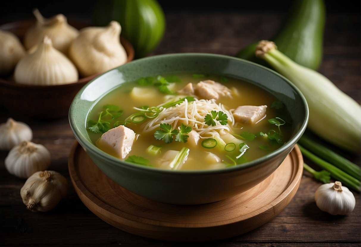 A steaming bowl of bitter gourd chicken soup sits on a wooden table, surrounded by fresh ingredients like ginger, garlic, and green onions