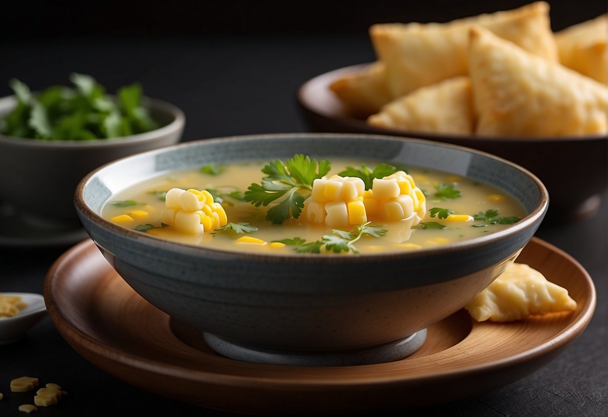 A steaming bowl of Chinese sweetcorn soup garnished with fresh cilantro and a sprinkle of black pepper, served alongside a plate of crispy fried wontons