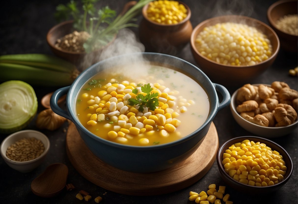 A steaming pot of Chinese sweetcorn soup surrounded by ingredients like fresh corn, chicken broth, and seasonings