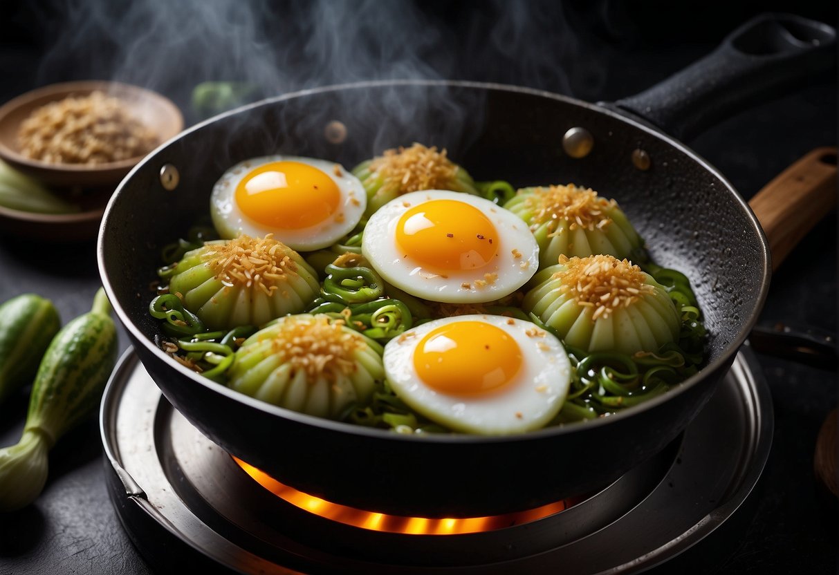 Bitter gourd and egg sizzling in a wok with soy sauce and garlic