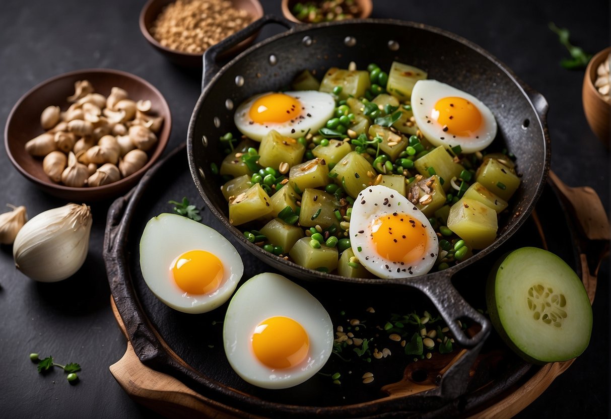 Bitter gourd and eggs sizzling in a wok, surrounded by garlic, ginger, and soy sauce