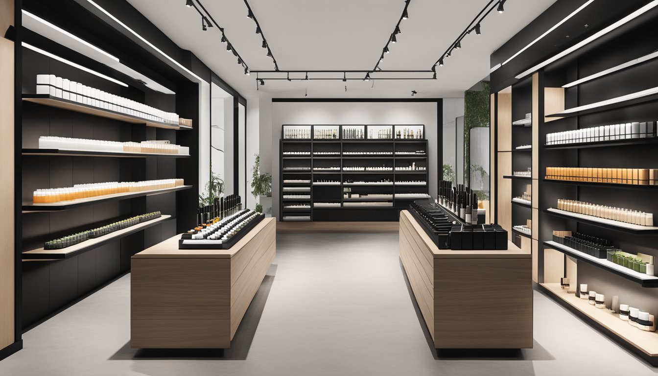 Aesop products displayed on minimalist, modern shelves in a sleek, upscale boutique with natural lighting and clean lines