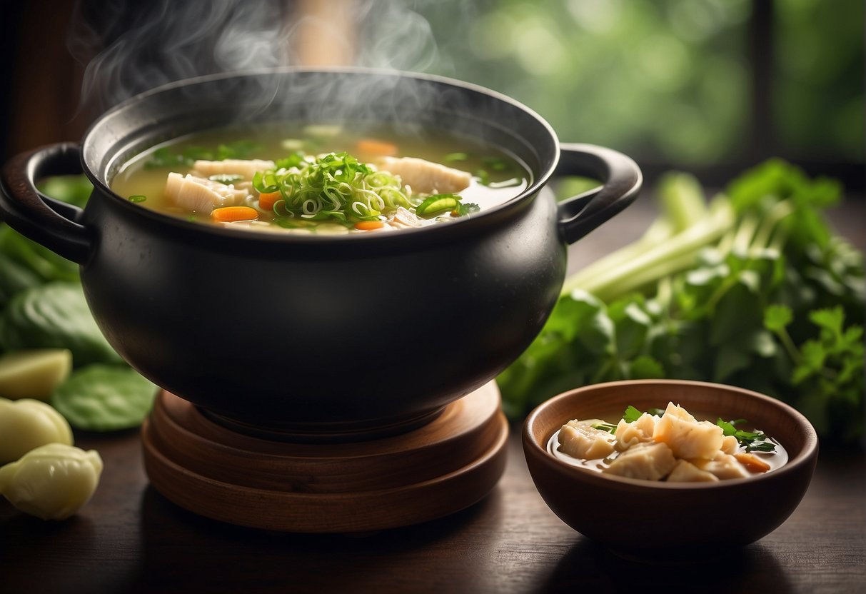 A pot of steaming bitter gourd chicken soup with Chinese herbs, emitting a savory aroma, surrounded by fresh vegetables and a pair of chopsticks