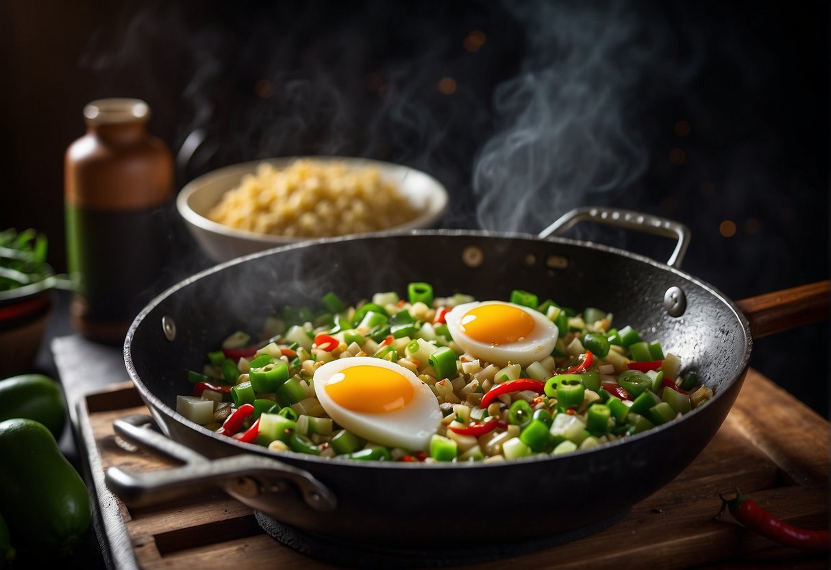 Bitter gourd and eggs sizzling in a wok with garlic and soy sauce. Chopped green onions and red chili peppers on the side