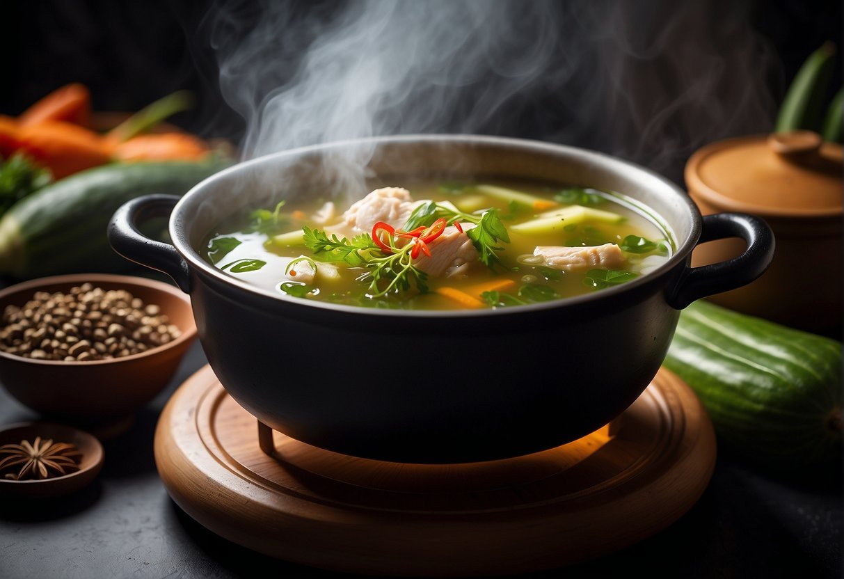 A steaming pot of bitter gourd chicken soup simmers on a traditional Chinese stove, surrounded by aromatic spices and herbs
