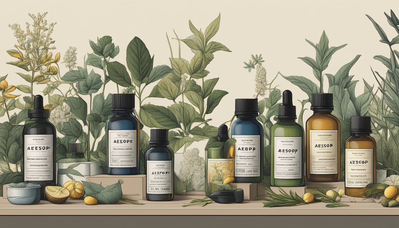 Aesop's brand heritage and philosophy depicted through a collection of natural ingredients and botanical extracts, showcased in minimalist, apothecary-style packaging