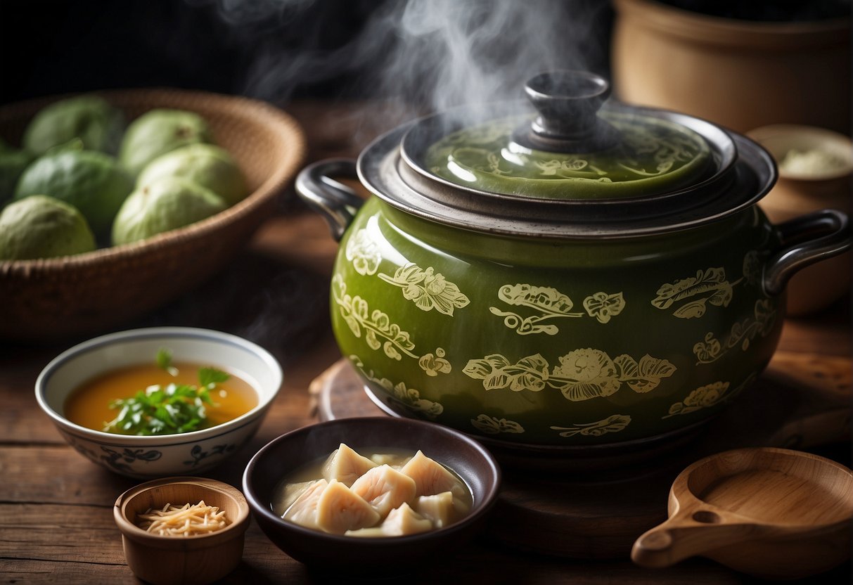 A steaming pot of bitter gourd chicken soup sits on a rustic wooden table, surrounded by traditional Chinese cooking ingredients and utensils