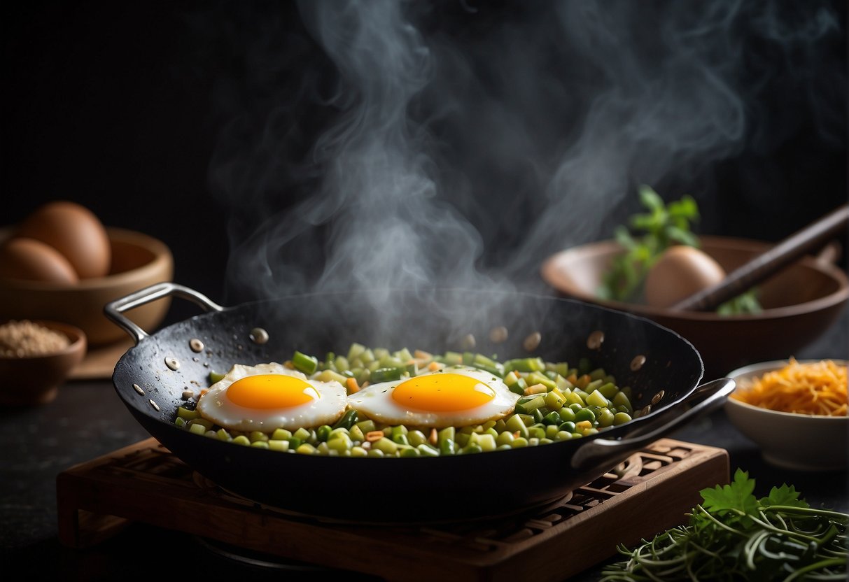 Bitter gourd and eggs sizzling in a wok, steam rising, with soy sauce and spices nearby
