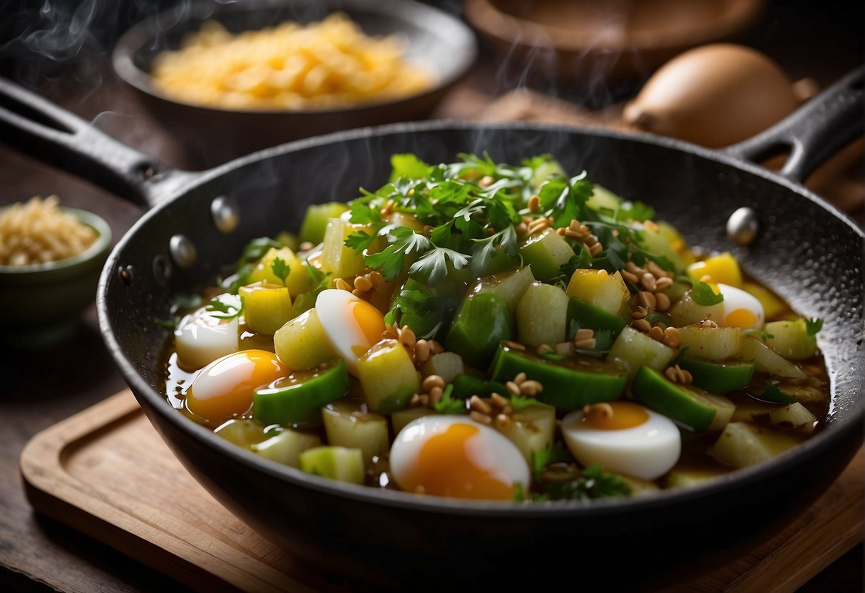 Bitter gourd and beaten eggs sizzling in a wok, surrounded by garlic, ginger, and soy sauce