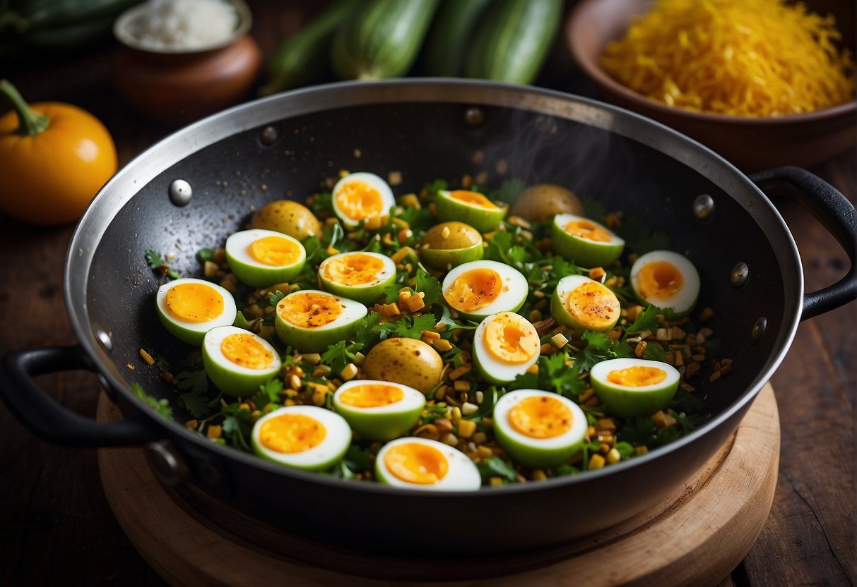 Bitter gourd and eggs sizzling in a wok with aromatic Chinese spices