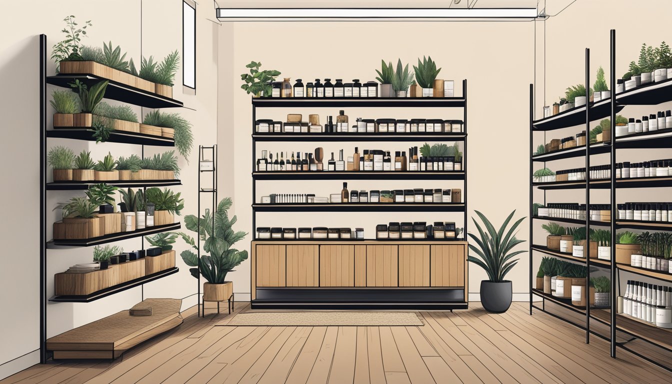Aesop products arranged on minimalist shelves, with clean, modern packaging and natural elements like wood and plants