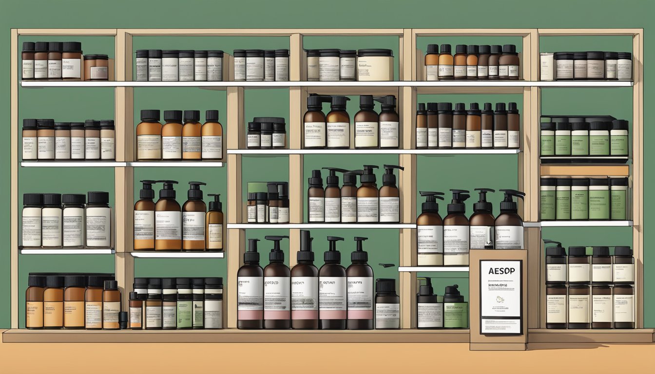 A display of Aesop products, showcasing the brand's innovative range with minimalist packaging and natural ingredients