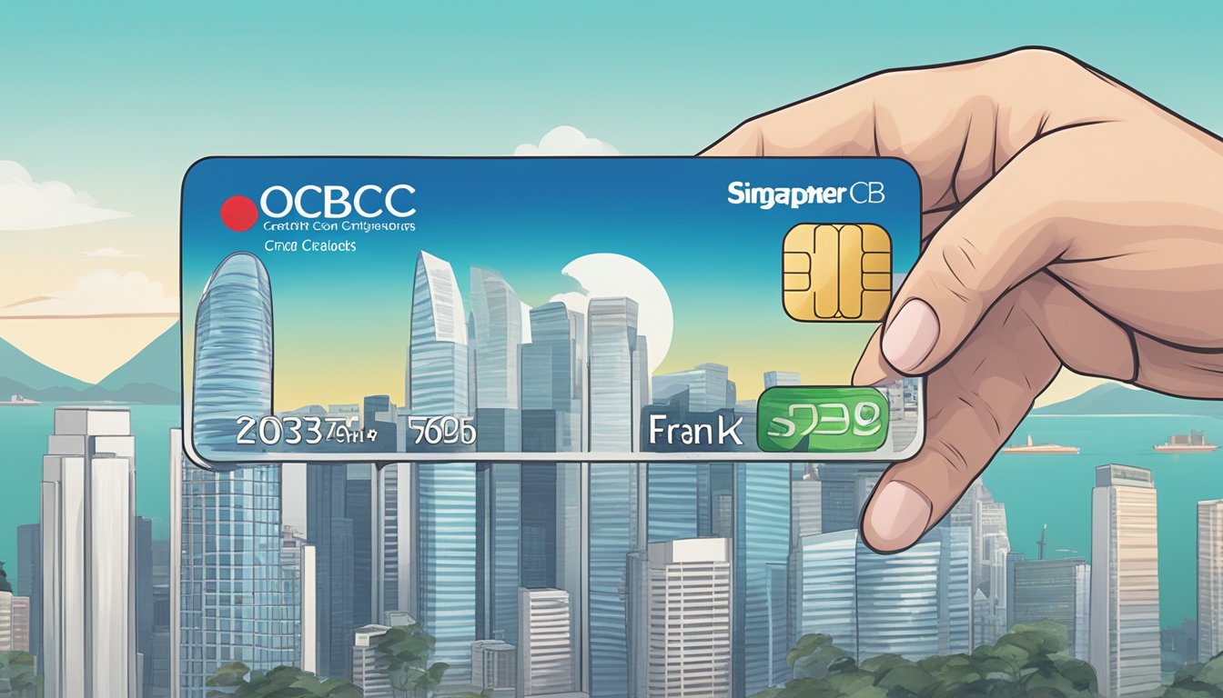A hand holding an OCBC FRANK credit card, with Singapore skyline in the background