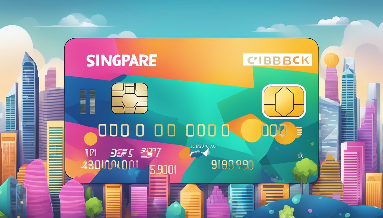 A vibrant credit card surrounded by rewards, cashback symbols, and the Singapore skyline in the background