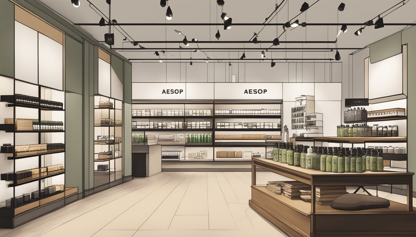 Aesop brand positioning: A sleek, minimalist store interior with carefully curated product displays and elegant branding materials