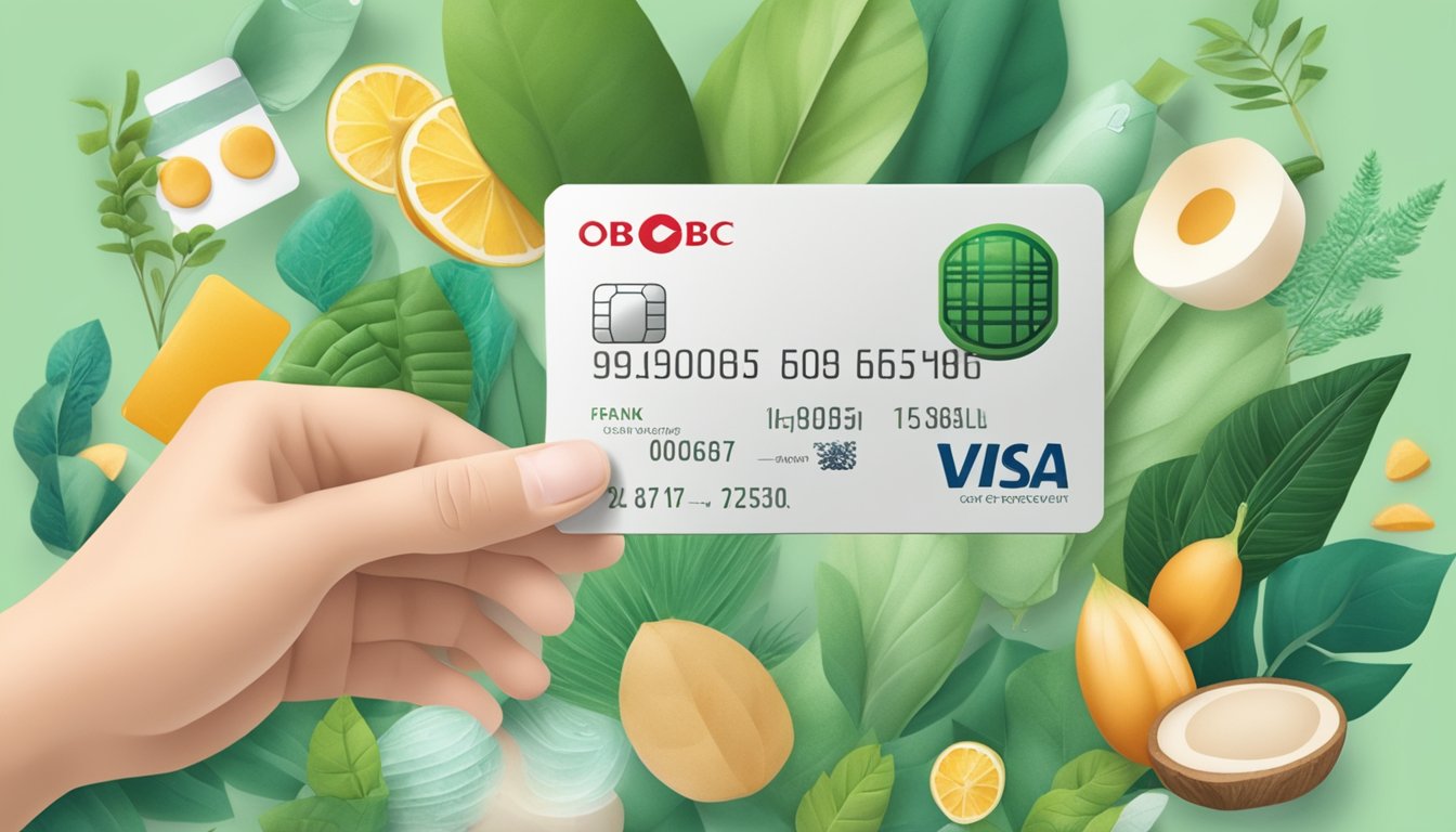 A hand holding an OCBC FRANK credit card, surrounded by eco-friendly products and sustainable items, with nature-themed background