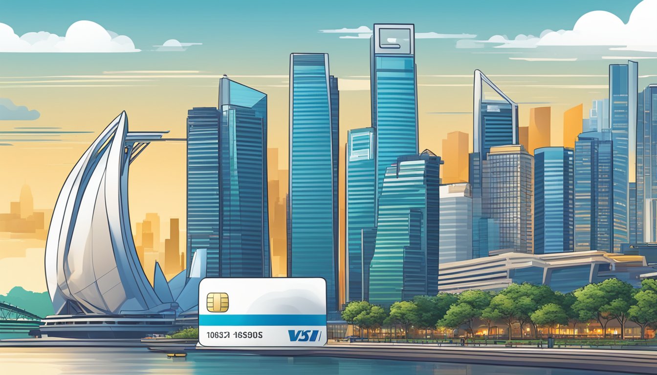 The scene is a vibrant cityscape with the iconic Singapore skyline in the background, and a modern, sleek credit card prominently displayed in the foreground