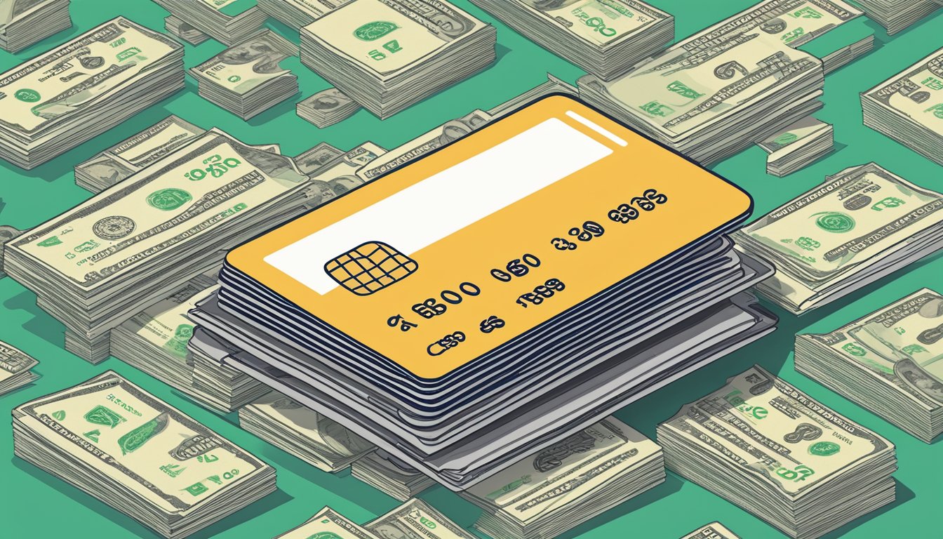 A credit card surrounded by dollar signs, with a list of fees and charges displayed next to it