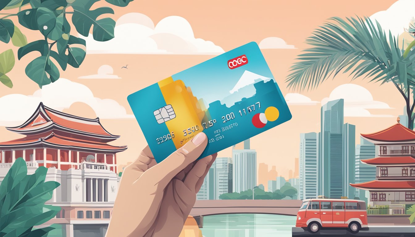 A hand holding an OCBC FRANK credit card with a visible spending cap and limitations, set against a backdrop of iconic Singapore landmarks