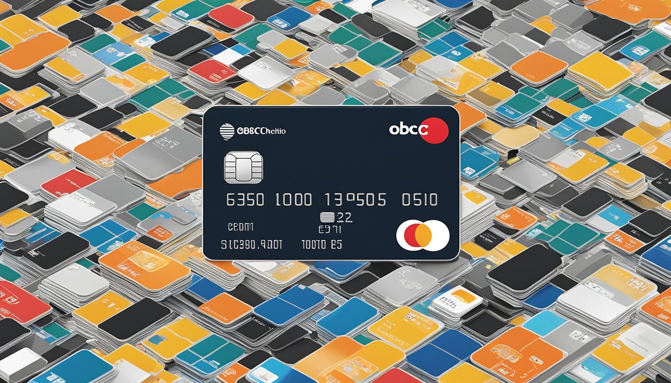 The OCBC FRANK Credit Card stands out among other cards, with its bold design and unique features. The card is depicted against a backdrop of other generic credit cards, highlighting its distinctiveness