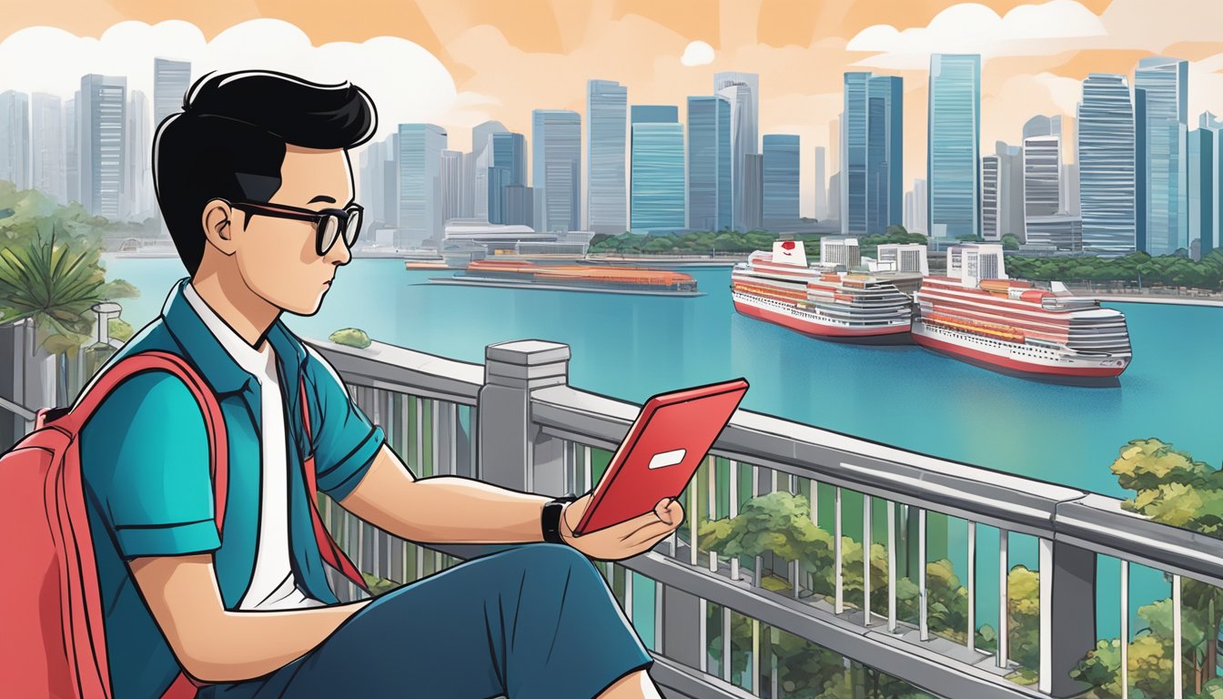 An open OCBC FRANK account with a FRANK credit card, set against a Singapore cityscape. The card's design features bold, colorful graphics