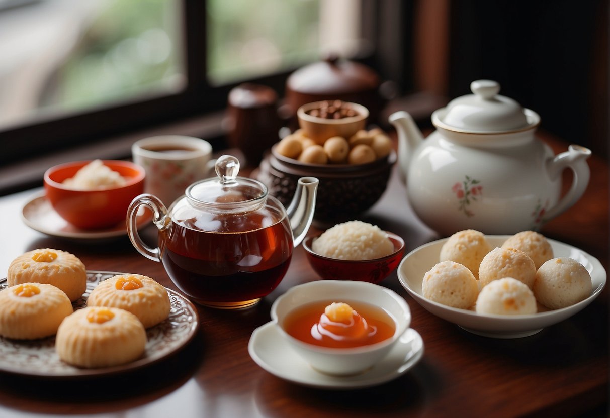 A table adorned with an array of traditional Chinese desserts, including sweet rice cakes, red bean buns, and sesame balls. Teapot and cups nearby