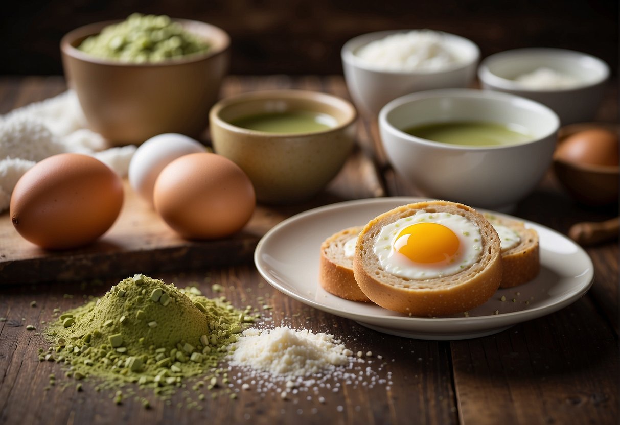 A table with ingredients for Chinese Swiss roll: eggs, flour, sugar, matcha powder, and cream. A mixing bowl, whisk, and baking tray are nearby