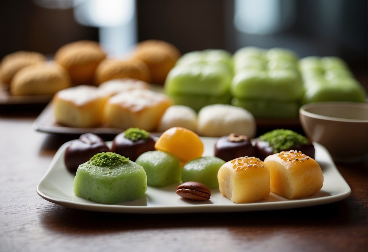 A table filled with colorful modern Chinese sweet treats, including innovative recipes like matcha mochi and red bean buns