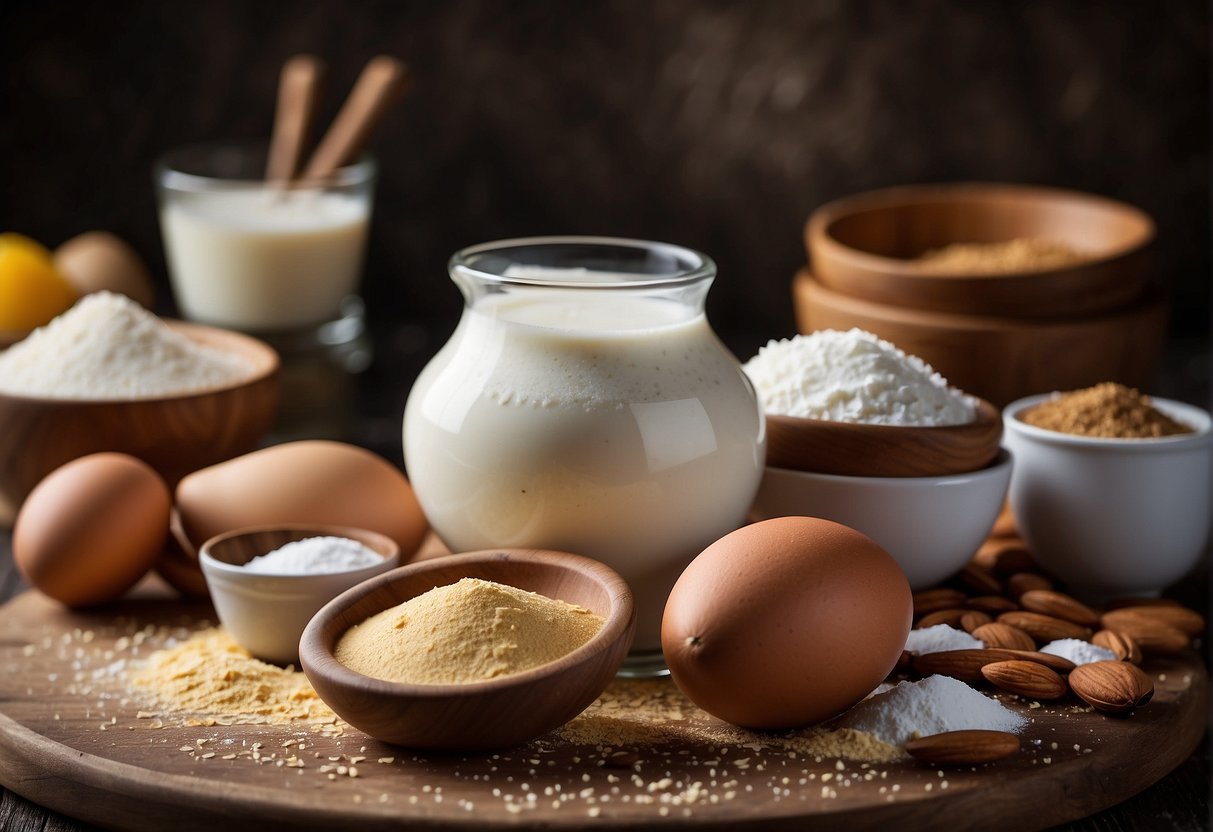 A table with ingredients: flour, eggs, sugar, milk, and vanilla. Substitutes: almond milk, gluten-free flour, or coconut sugar