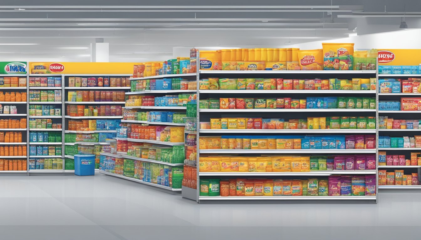 A colorful display of Mayer brand products fills the shelves, with bright packaging and bold logos catching the eye. Customers browse the aisles, picking up items and examining them closely