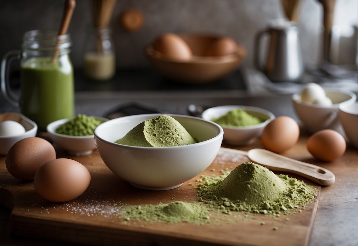 Eggs, flour, sugar, and matcha powder laid out on a kitchen counter. A mixing bowl and whisk ready for use. Ingredients measured and organized