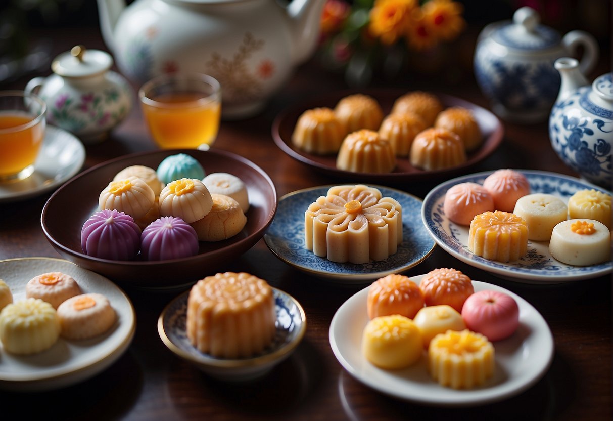 A table filled with colorful Chinese sweet delicacies, including tangyuan, mooncakes, and almond cookies, surrounded by traditional tea sets and decorative elements