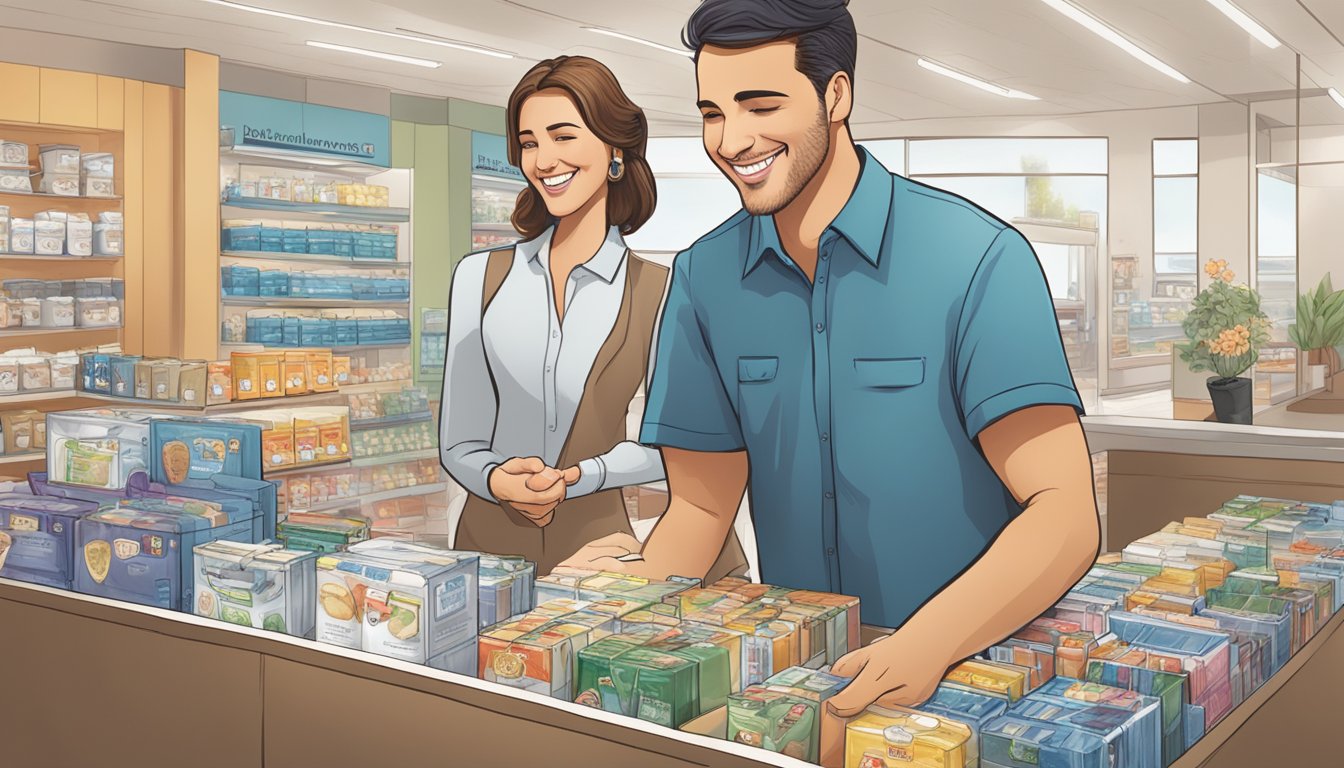 A customer service representative helps a smiling customer find the perfect Mayer brand product