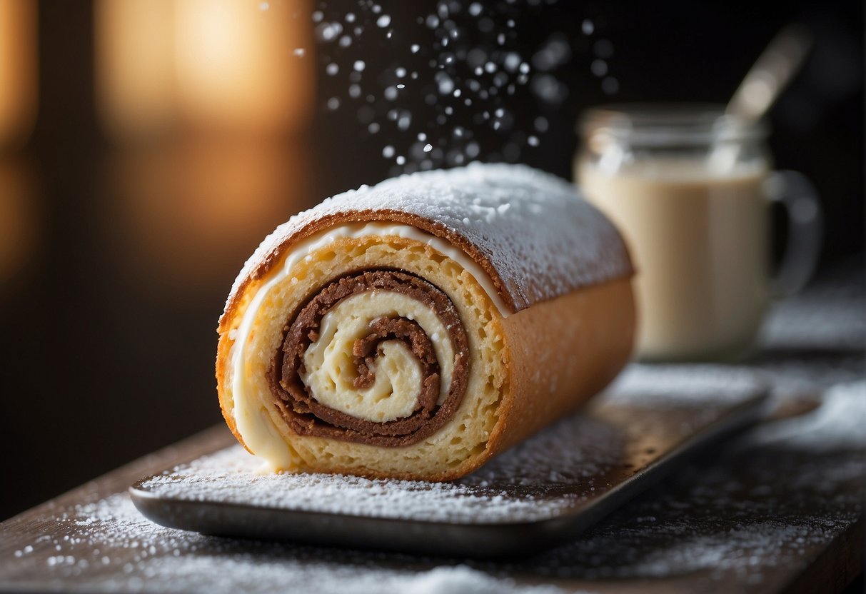 A freshly baked Chinese swiss roll sits on a wire rack, steam rising as it cools. A light dusting of powdered sugar adds a finishing touch