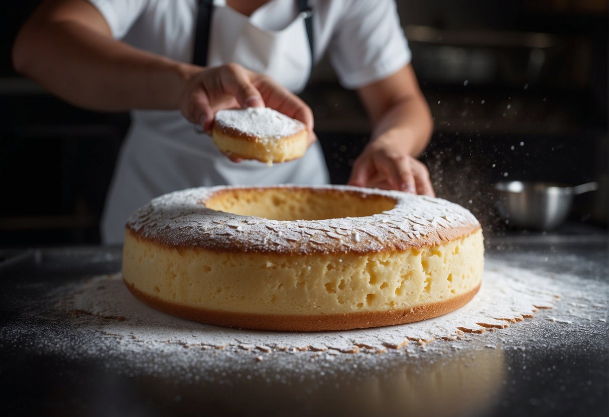 A baker spreads cream on a rolled sponge cake, then dusts it with powdered sugar