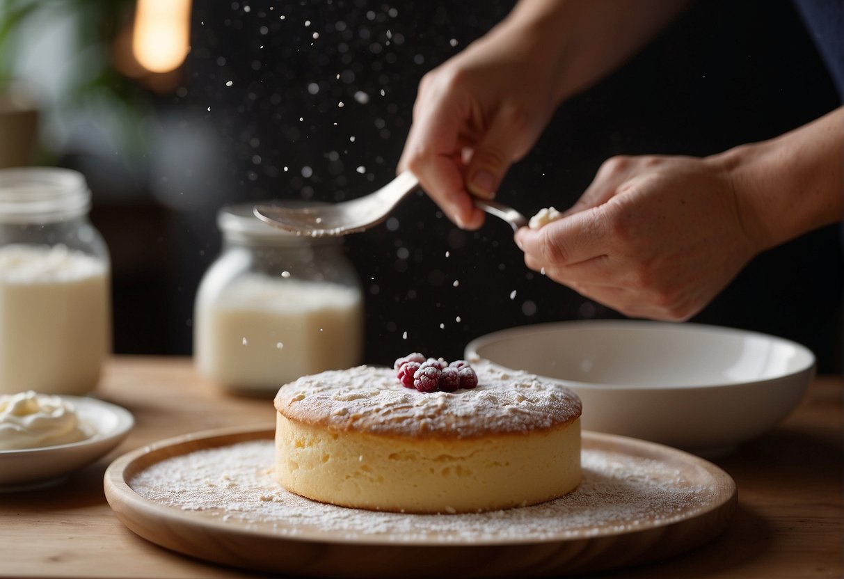 A hand is spreading cream on a rolled sponge cake, while another hand sprinkles powdered sugar on top. The cake sits on a wooden cutting board next to a stack of plates and a jar of jam
