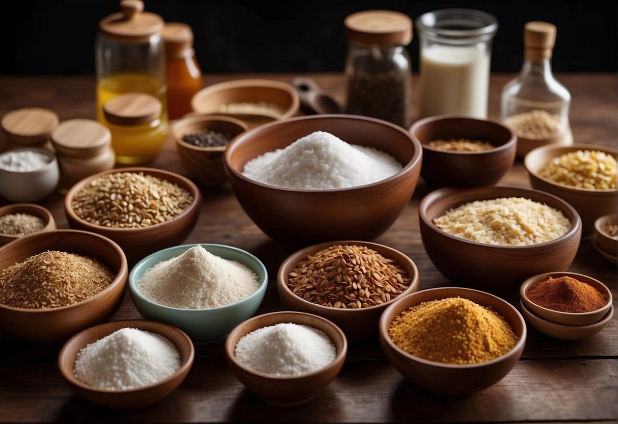 A table filled with various ingredients and utensils for making Chinese sweets. Bowls of flour, sugar, and spices sit next to a rolling pin and cookie cutters