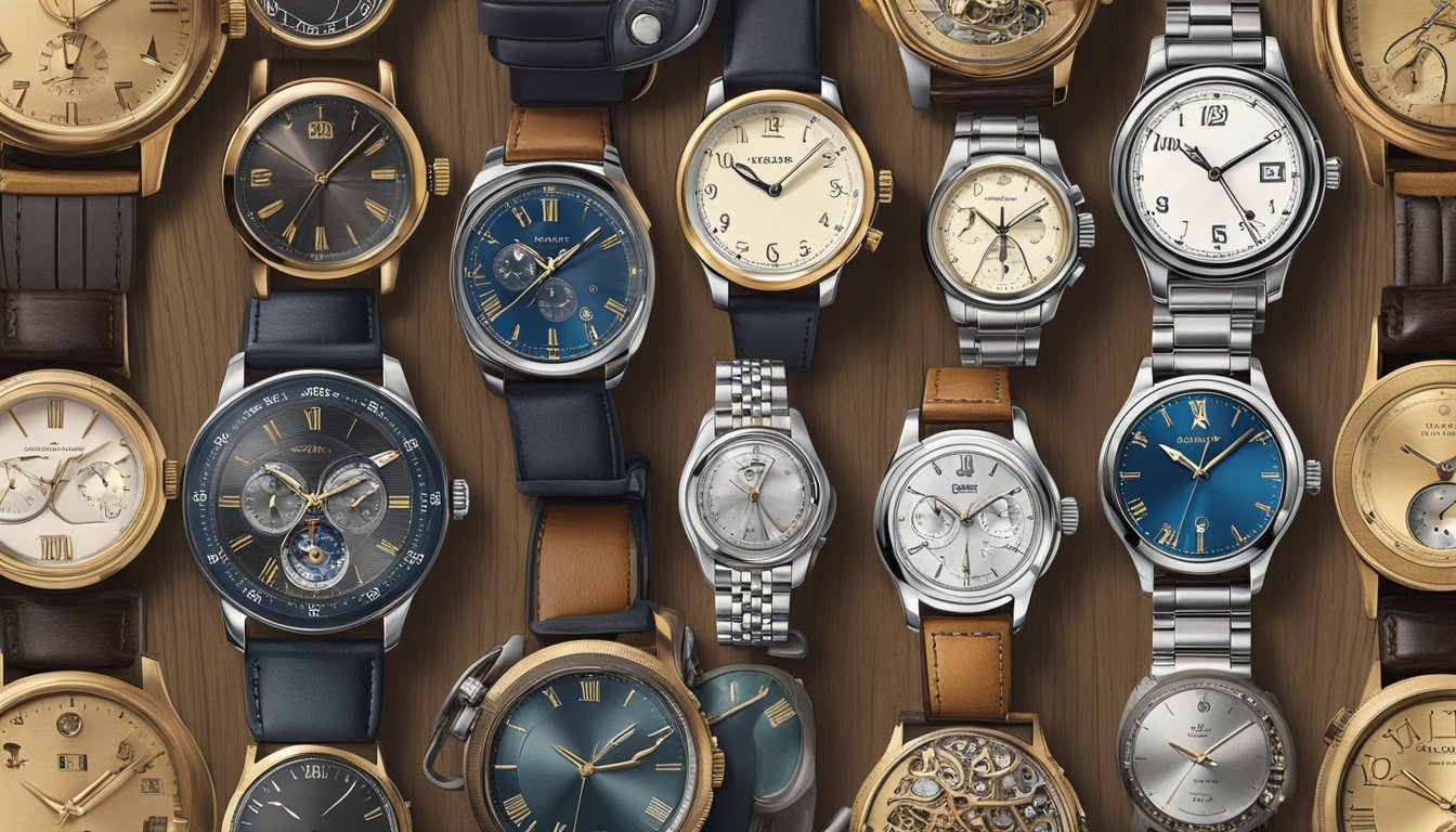 A display of classic timepieces from budget-friendly vintage watch brands. Various styles and designs showcased on a rustic wooden table with soft natural lighting