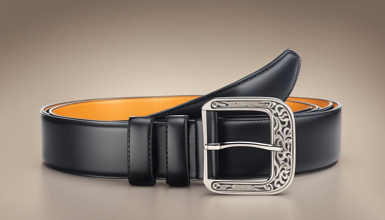 A sleek leather belt with branded buckle, displayed on a satin background with soft lighting