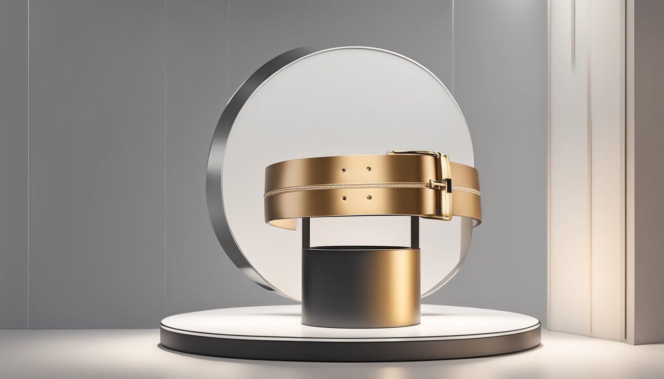 A branded belt for ladies is displayed on a sleek, minimalist pedestal under bright spotlight in a designer brands showcase