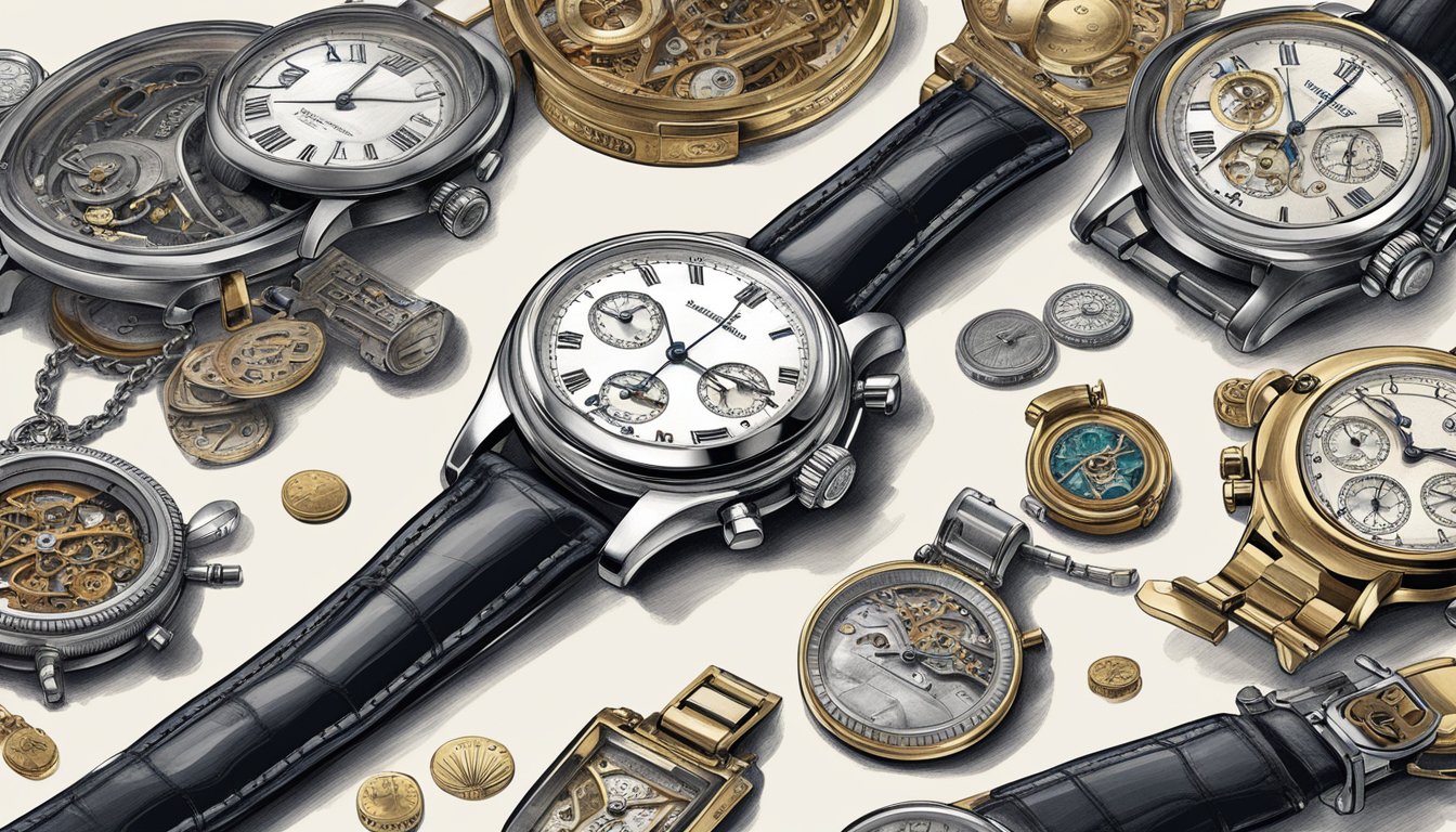 A table scattered with vintage watch brands, each with unique designs and price tags. A magnifying glass hovers over the intricate details, capturing the essence of affordable luxury