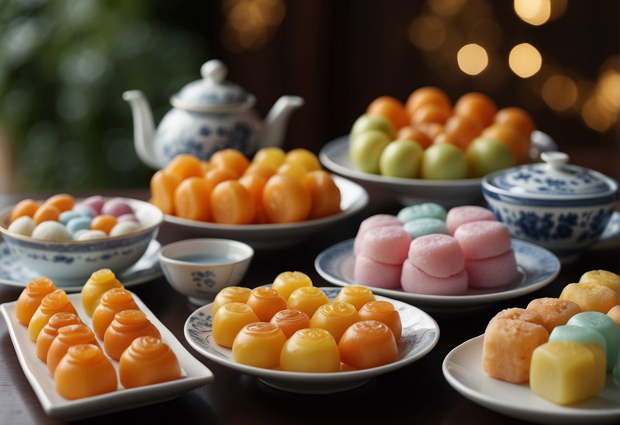 A table set with an assortment of colorful Chinese sweets arranged on elegant serving platters and delicate porcelain dishes