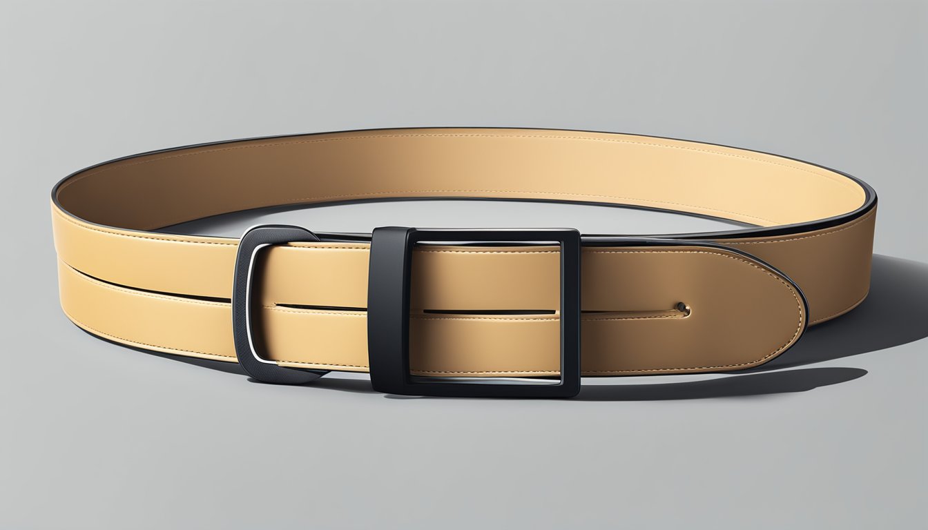 A stylish branded belt is elegantly displayed on a sleek, minimalist surface