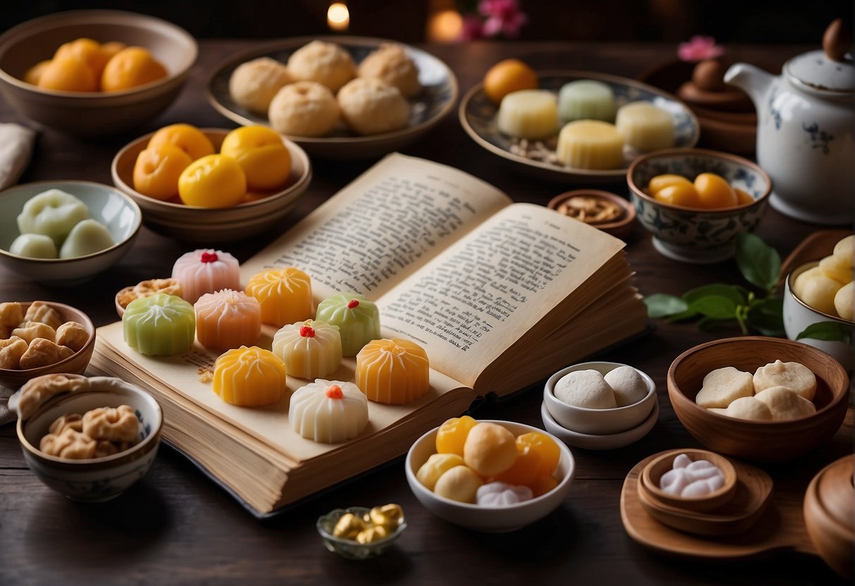 A table filled with various Chinese sweets, ingredients, and cooking utensils, with a book titled "Frequently Asked Questions Chinese Sweets Recipes" open to a page showing a recipe