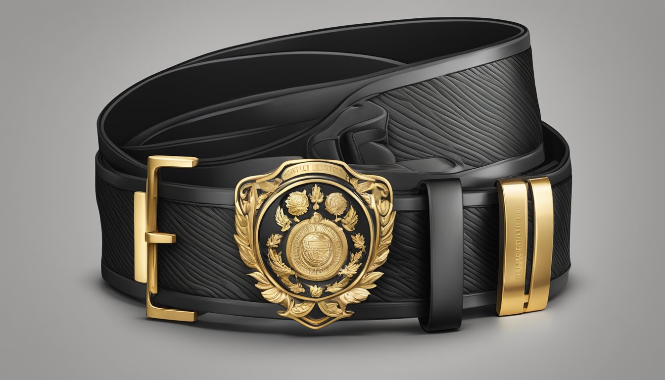 A sleek black belt with a gold buckle, featuring the Styling Tips and Trends logo