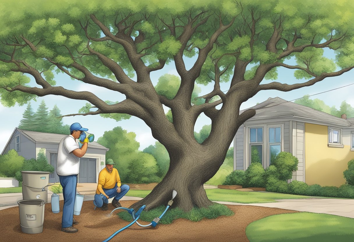 A tree being watered, pruned, and given fertilizer