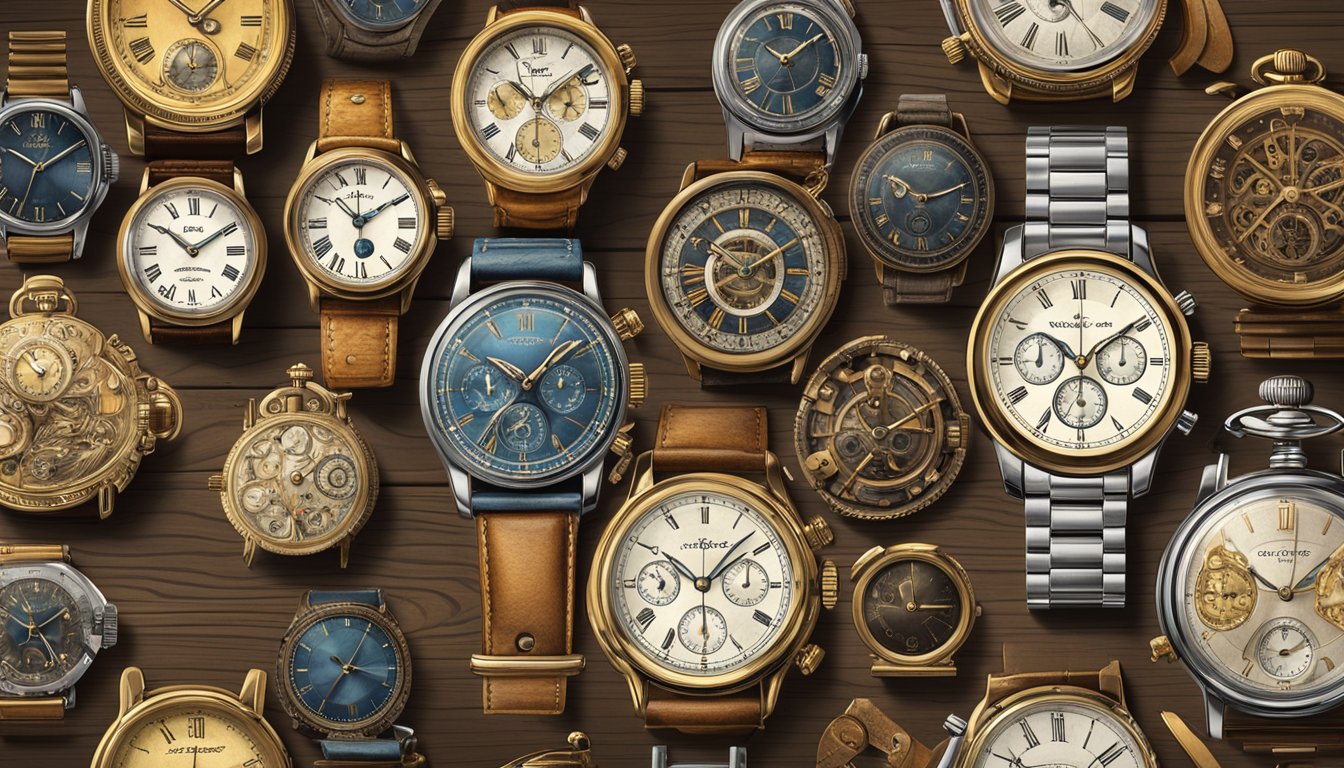A display of vintage watches arranged on a rustic wooden table, with soft lighting highlighting the intricate details and unique designs of each timepiece